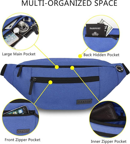 MAXTOP Large Crossbody Fanny Pack with 4-Zipper Pockets,Gifts for Enjoy Sports Festival Workout Traveling Running Casual Hands-Free Wallets Waist Pack Phone Bag Carrying All Phones