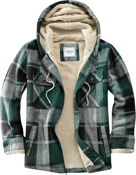 Men's Zip Up Flannel Shirt Jacket Fleece Lined Long Sleeve Plaid Coat Heavyweight Hoodie with Hood