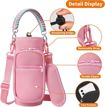 32/40/64/128 oz Neoprene Insulated Water Bottle Carrier Bag, Sling Bag Sleeve Pouch Holder with Strap & Paracord Handle and 2 Pocket for Travelling, Hiking, Camping