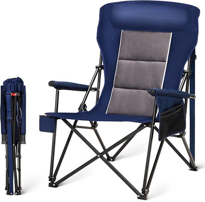 HIGH POINT SPORTS Oversized Camping Chairs for Adults, High Back Heavy Duty Lawn Folding Chair Support 500LBS, Padded Portable Outdoor Chair with Cup Holder, Blue