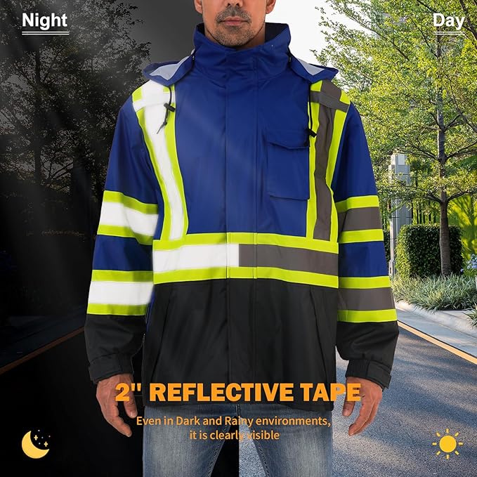 Reflective Rain jackets for men waterproof,Hi Vis Safety Coat With Reflective Strips，High Visibility Class 3 Rain jackets With 2 large pockets,Zipper,Blue,LG/XL