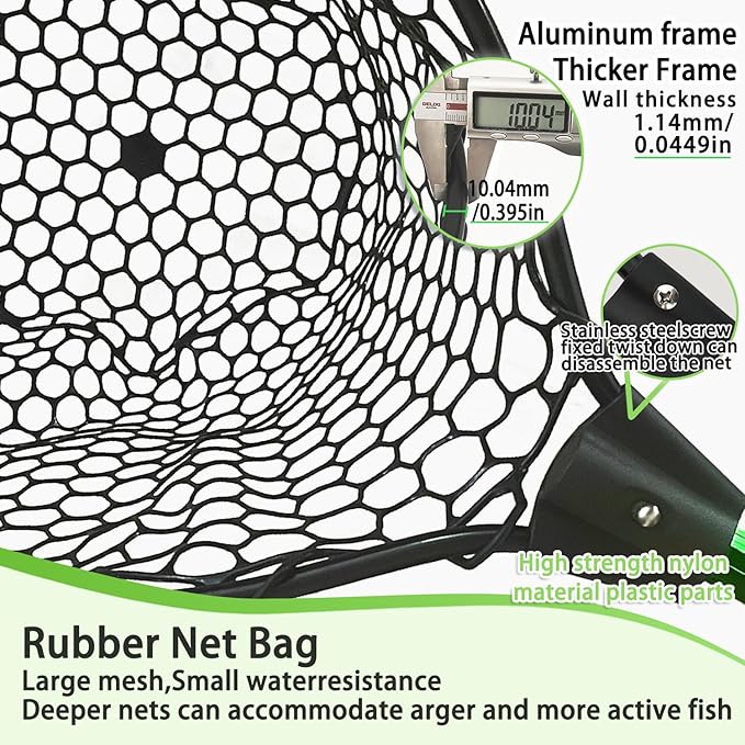 Telescoping Metal Lock Fishing Net with Handle Red Green 64" 52" 3-Section Rubber Fish Net - Adjustable Length Lightweight Foldable Large Big Collapsible Extendable Fishing Net