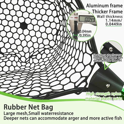 Telescoping Metal Lock Fishing Net with Handle Red Green 64" 52" 3-Section Rubber Fish Net - Adjustable Length Lightweight Foldable Large Big Collapsible Extendable Fishing Net