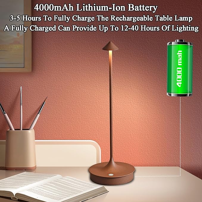 Cordless Table Lamps Rechargeable, LED Desk Lamp 4000mAh Battery Operated Outdoor Waterproof Portable Touch Dimmable Table Light for Patio/Restaurant/Bar/Indoor (Brown-1PC)
