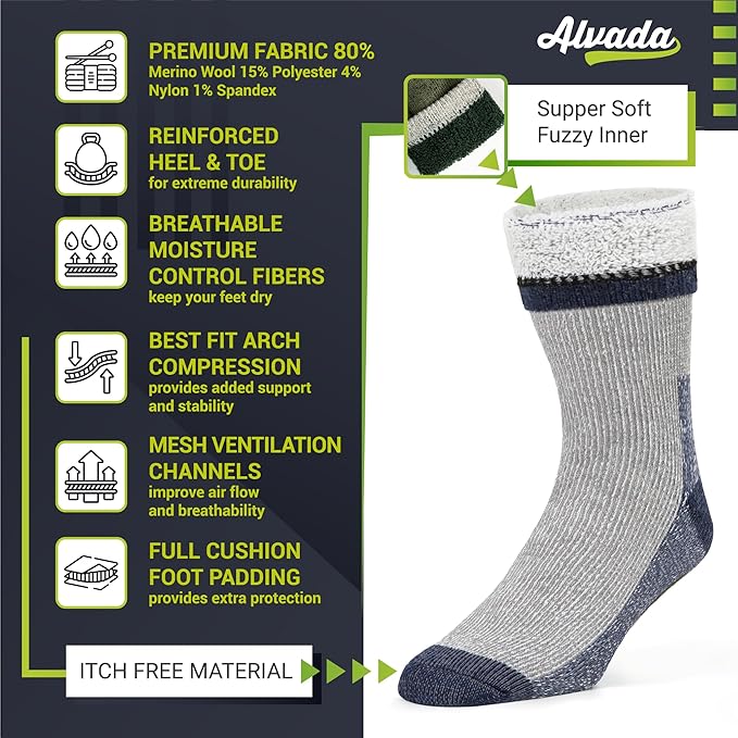 Alvada Warm Thermal Wool Socks for Winter Moisture Wicking and Breathable Cozy Boot Socks