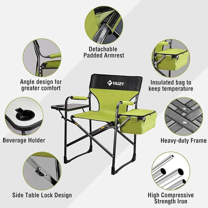VILLEY Heavy Duty Directors Chair, Folding Camping Chairs, with Cooler Bag Portable Foldable Chair, for Camp Tailgating Lawn Picnic Fishing Beach, Supports 400 LBS, Green