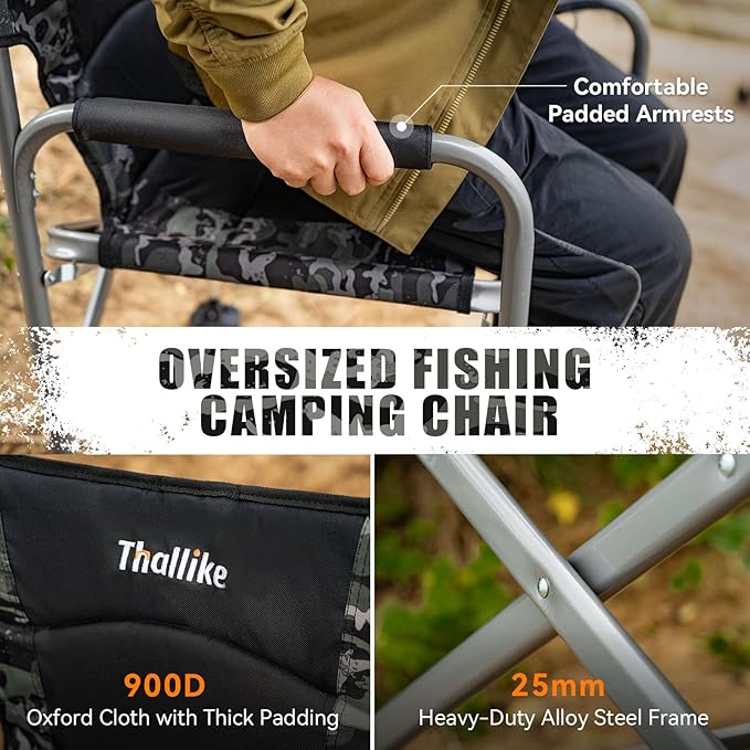 Padded Folding Fishing Chair with 2 Rod Holders for Adults Heavy Duty Adjustable Legs Outdoor Camping Chairs with Side Pocket Shoulder Strap Portable Ice Fishing Chair for Camp Lawn Patio
