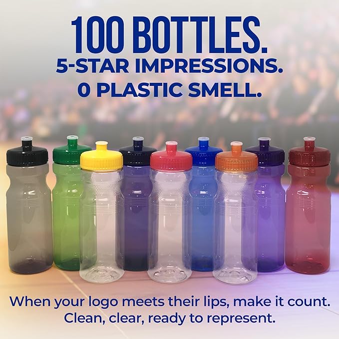 Rolling Sands USA Made 24 Ounce Sports Water Bottles - 100 Pack BPA-Free Blank Plastic Bottles for Group Use, Fitness Classes & Events - Translucent Green Bottle/Green Lid