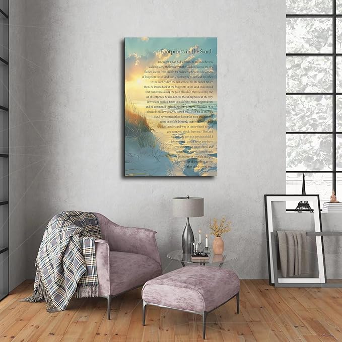 Footprints In The Sand Wall Art Religious Poem Poster Canvas Painting Picture Printing Living Room Bedroom Decoration Framed (24x36inch-Framed)