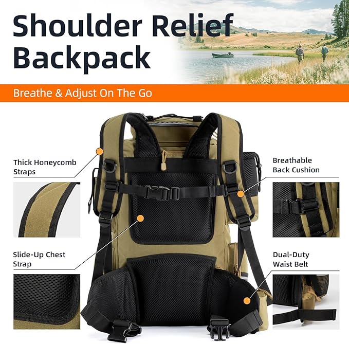 Ghosthorn Fishing Tackle Backpack with 4 3600 Tackle Boxes Rod Holder Outdoor 43L Large Bag with Detachable Wasit Bag Storage Fishing Gear and Equipment Waterproof