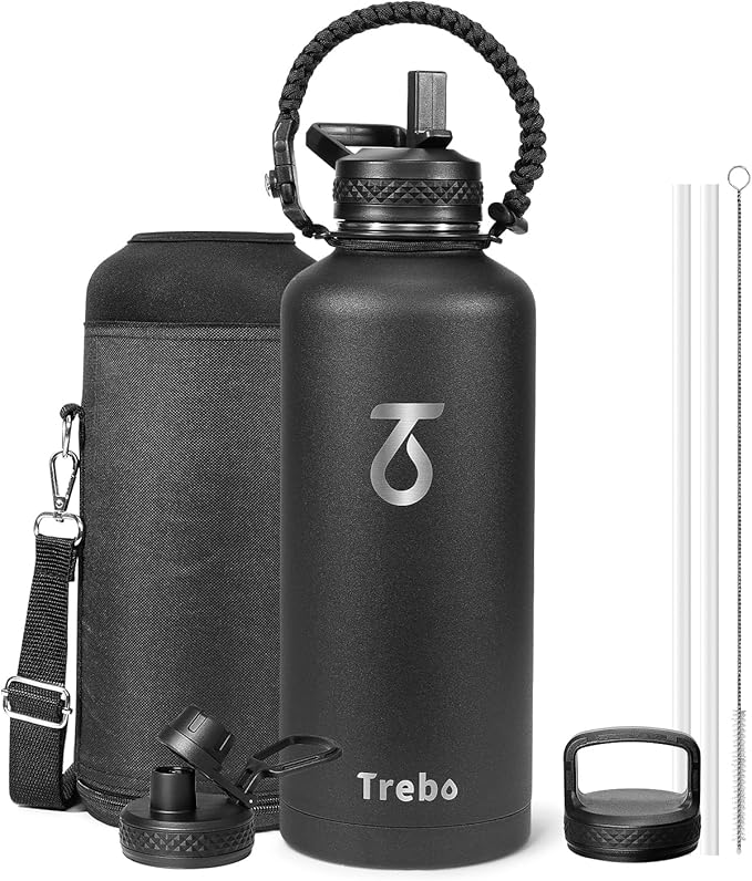 Trebo Water Bottle 87 oz with Paracord Handle, Double Wall Vacuum Stainless Steel Insulated Water Jug (Keep Cold 48hrs),Leakproof Flask For Hot Drinks with Straw Spout Lids, Black