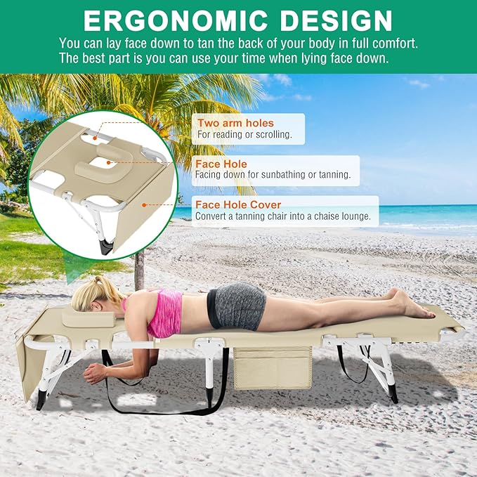 LILYPELLE 5-Position Folding Chaise Lounge Chair with Mattress, Beach & Patio Use, Khaki