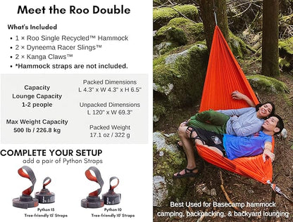 KAMMOK: Roo Double XL Hammock | Made from Strong & 100% Recycled Water Resistant Ripstop Fabric | Comfortable, Packable, Lightweight (Lifetime Adventure Grade Warranty), Granite Gray