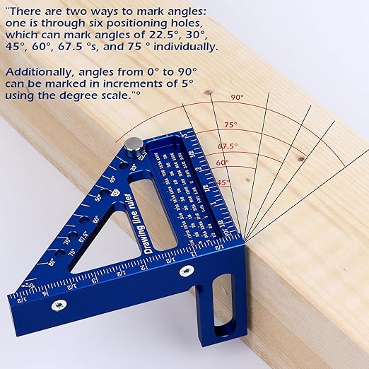 3D Multi-Angle Measuring Ruler -Precision Woodworking 3D Square Protractor 22.5-90 Degree and Miter Triangle Ruler - Aluminum Alloy Drawing Line Ruler for Engineer Carpenter and Craftsmen Blue