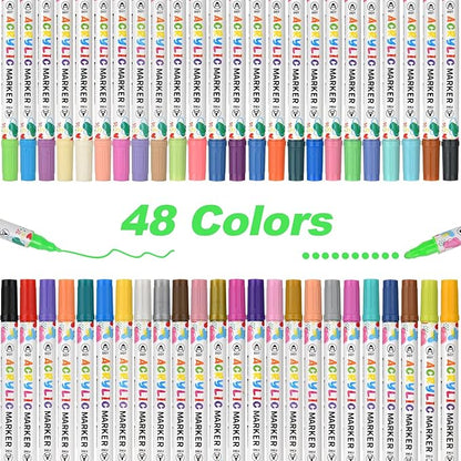 48 Colors Acrylic Paint Pens, Dual Tip Acrylic Paint Markers for Paper, Wood, Canvas, Stone, Rock Painting, Glass, Fabric, DIY, Ceramic, Art Supplies for Kids and Adults Drawing (Dot + Fine)