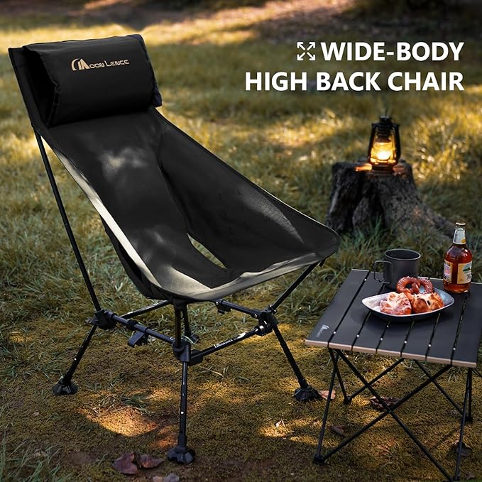 MOON LENCE Oversized Camping Chair with Pillow for Adults, Height Adjustable High-Back Folding Camping Chair with 400 lbs Capacity, Hidden Pillow Pocket for Camping, Hiking, Picnics, Black