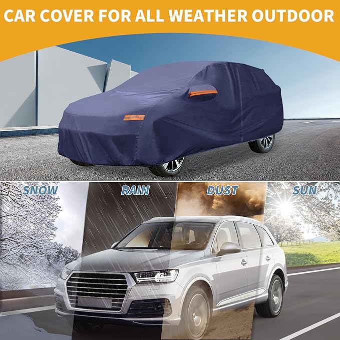 Universal Car Cover Waterproof All Weather 190T-PU, UV Sun Rain Protection, Fits for SUV Length Up to 181", with Left Side Zipper, Navy Blue