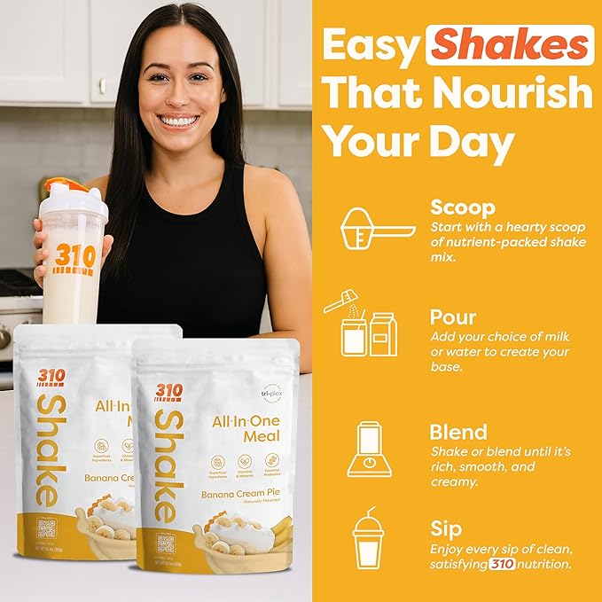 310 Nutrition All-In-One Plant-Based Meal Replacement Shake – High-Fiber Protein with Probiotics, Digestive Enzymes & Adaptogens – Vegan, Low Carb, Keto Friendly Superfood Blend – Banana Cream Pie – 28 Servings