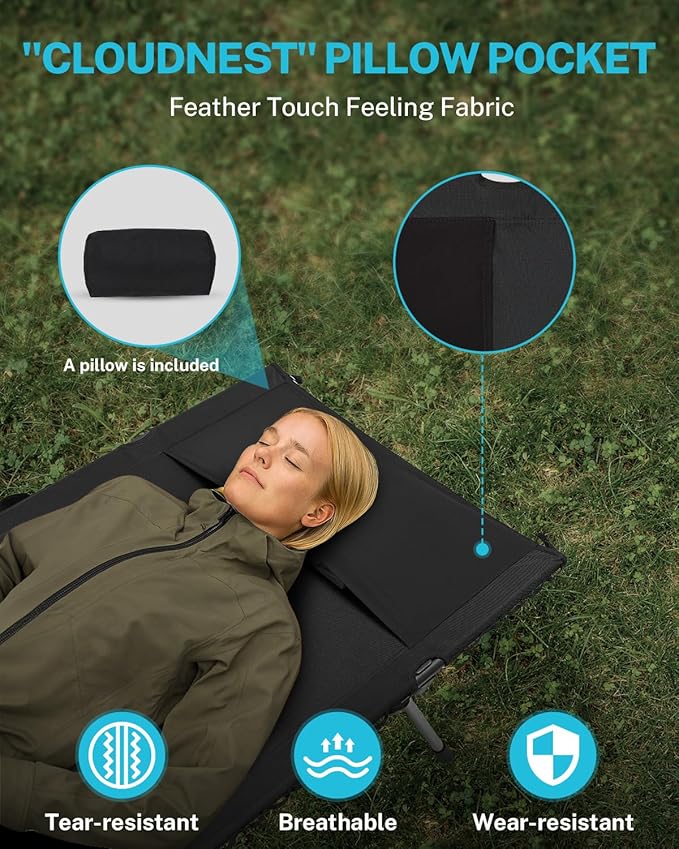 Gonex 31.5" Extra Wide Camping Cot with Leg Extenders 2 in 1 Portable Folding Cot for Adults Height Adjustable Supports 350lbs Sleeping Bed for Backpacking Travel Beach Home (Black)