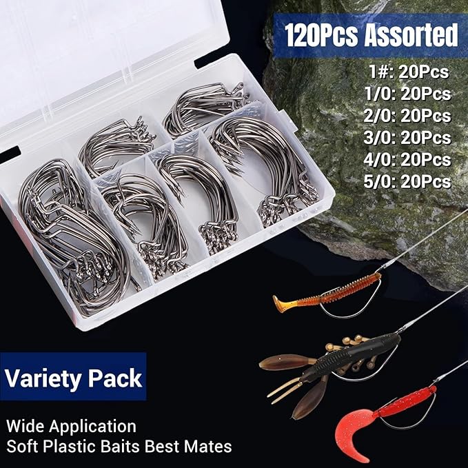 120Pcs Bass Hooks Set, Strong Offset Bass Fishing Hooks Freshwater Barbed Sharp Worm Hooks for Texas Rigging Fishing Extra Wide Gap 6 Sizes Assorted #1 1/0 2/0 3/0 4/0 5/0