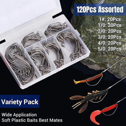120Pcs Bass Hooks Set, Strong Offset Bass Fishing Hooks Freshwater Barbed Sharp Worm Hooks for Texas Rigging Fishing Extra Wide Gap 6 Sizes Assorted #1 1/0 2/0 3/0 4/0 5/0