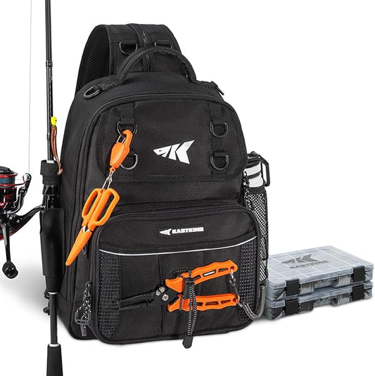 KastKing BaitSpace Fishing Sling Bag, Fishing Backpack with Rod & Beverage Holder, Tackle Bag for Fishing Gear