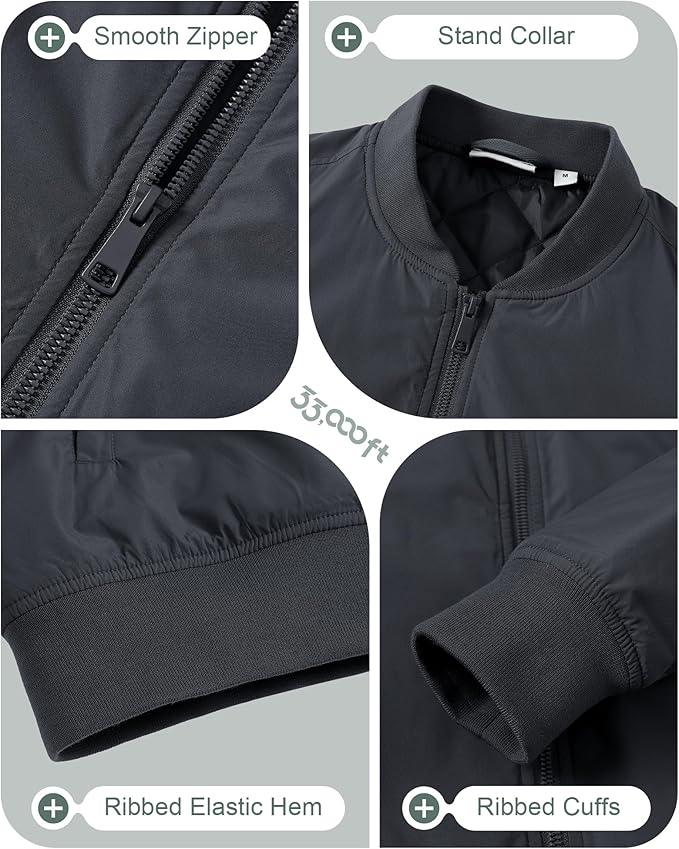 33,000ft Men's Bomber Jacket Waterproof Zip Up Windbreaker Quilted Padded Lightweight Warm Casual Spring Fall Winter Coat