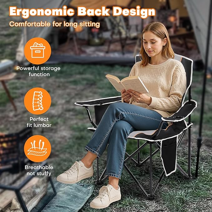 XMT Premium Padded Folding Chair, Extra Wide & Heavy Duty 450lbs Capacity, Portable Camping Chair with Insulated Cooler, Cup Holder & Storage, Compact Foldable for Outdoor, Beach, Picnics