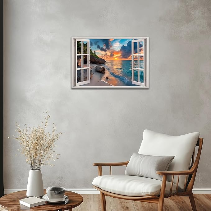ANRUOXI Beach Window Canvas Wall Art, Enclosed Bedroom Living Room Ocean Coastal Channel Scene Picture, Tropical Sea Landscape Painting Print Artwork Horizontal Seascape Artwork for Bedroom 18x24 Inch