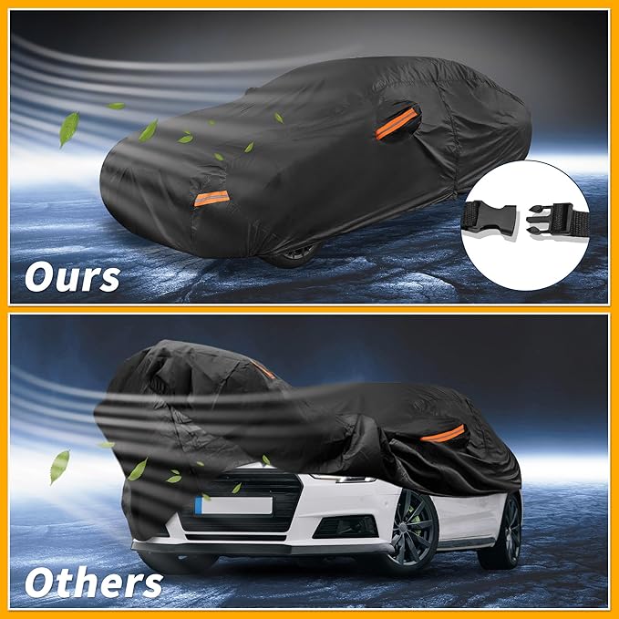 Universal Car Cover Waterproof All Weather 190T-PU, UV Sun Rain Protection, Fits for Sedan Length 187"-198", with Left Side Zipper, Black