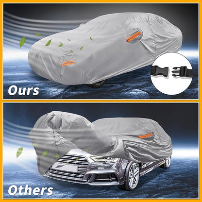 Universal Car Cover Waterproof All Weather 190T-PU, UV Sun Rain Protection, Fits for Sedan Length 178"-186", with Left Side Zipper, Silver Tone