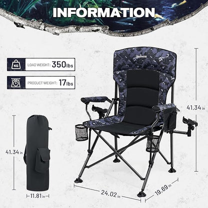 X Strike Oversized Folding Fishing Chair with Rod Holder Heavy Duty 350LBS, Feet Adjustable Padded Camping Chair with Cup Holder Side Pocket Hard Armrest