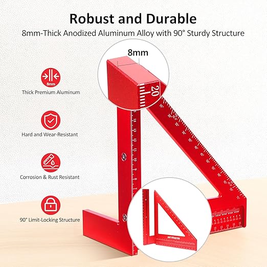 200mm 3D Multi-Angle Measuring Square Ruler, WT103D High Precision Hole Scribing Woodworking Tools, 0-90° Aluminum Alloy Carpenter Square Wood Working Tools, Carpenter Pencils 6 Refills.