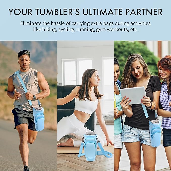 Water Bottle Carrier Bag with Phone Pocket for Stanley Cup 40/30 oz, Water Bottle Holder with Adjustable Strap& Straw Cover, Stanley Cup Accessories