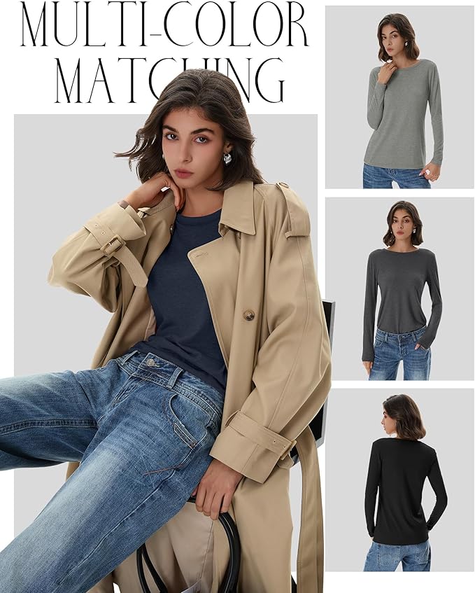 Huukeay 5 Pack Women's Crew Neck Long Sleeve Shirts, Cotton Blend Casual Clothes Workout Basic Layering Tee Tops Multipack