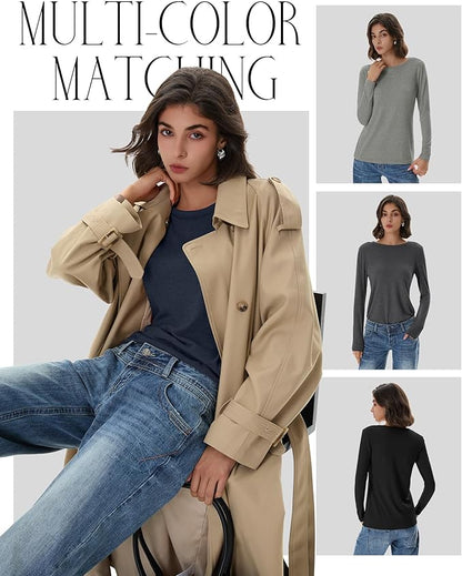 Huukeay 5 Pack Women's Crew Neck Long Sleeve Shirts, Cotton Blend Casual Clothes Workout Basic Layering Tee Tops Multipack