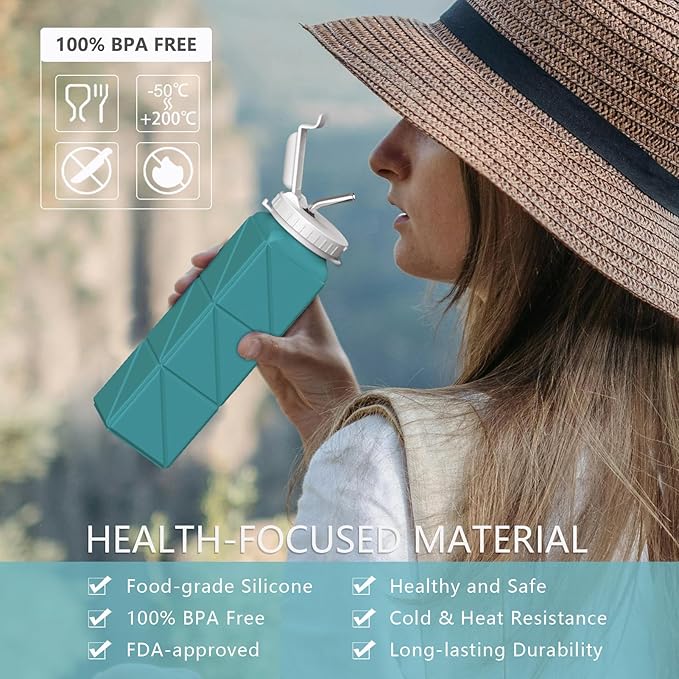 Collapsible Water Bottles with Straw 20.6oz, Silicone Foldable Portable Water Bottle, BPA-Free, Leakproof Reusable for Travel Camping Hiking Cycling Yoga Sports, 1 Pack (Blue)