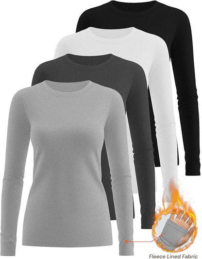 Neer 4 Pack Women's Fleece Thermal Long Sleeve Shirts, Thumb Holes Crew Neck Slim Fit Tops Warm Workout Basic Undershirt