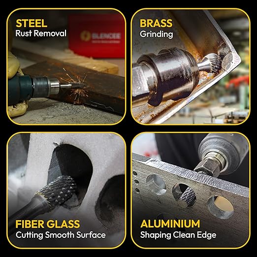 10Pcs Tungsten Carbide Burr Set 6.35mm - 1/4" Shank Double Cut Die Grinder Bits Cutting Burrs - Metal, Steel - Rotary Tools Rasp Accessories - Deburring, Engraving, Grinding, Carving, Porting