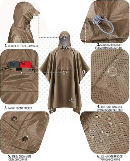 iCreek Hooded Rain Poncho with Pocket Waterproof Lightweight Unisex Raincoat Jacket for Hiking, Camping, Outdoor