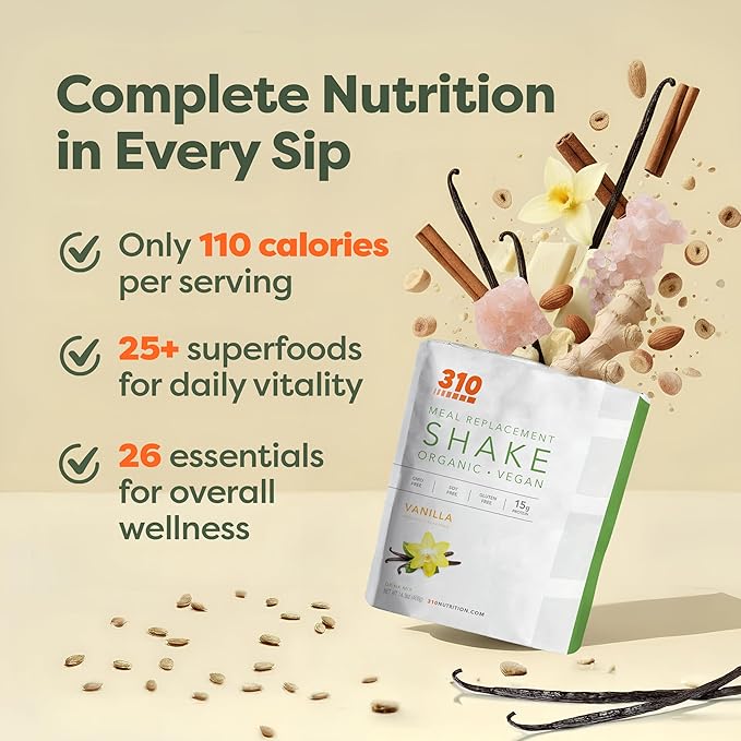 310 Nutrition Organic All-In-One Meal Replacement Shake Powder - Plant-Based Protein Smoothie Blend w/Fiber, Probiotics & Adaptogens - Low Carb, Vegan, Keto & Paleo - Vanilla - 28 Servings