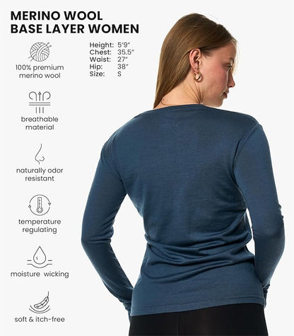 Merino Wool Base Layer Women - 100% Merino Wool Shirt Women Thermal Underwear Long Sleeve T-Shirt for Hiking
