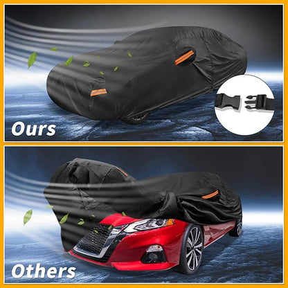 Universal Car Cover Waterproof All Weather 190T-PU, UV Sun Rain Protection, Fits for Sedan Length 199"-208", with Left Side Zipper, Black