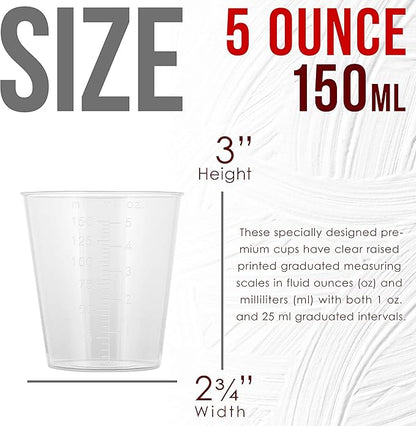Pouring Masters 5 Oz (150 ml) Liquid Measuring Cups - Plastic Graduated Cup (100 Pack) with 25 Sticks - Reusable Mixing Cups for Paint, Craft, Kitchen, Lab, Medical Supplies, Epoxy Resin, Art