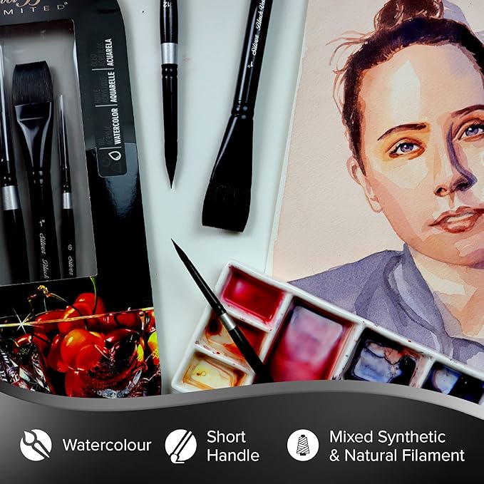 Silver Brush Limited WC-3201S Black Velvet Basic Watercolor Set, Set of 3, Size 1 Inch Flat Wash, and Sizes 6 and 12 Round Paintbrushes, Short Handle