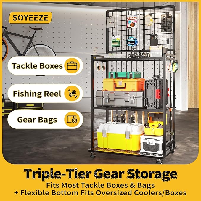 SOYEEZE Large Size Fishing Rod Holders for Garage, Heavy Duty 3-Tier Fishing Pole Rack with Pegboard and Hooks, Fishing Gear Organizer Up to 12 Rods, Rolling Fishing Storage Cart with Lockable Wheels