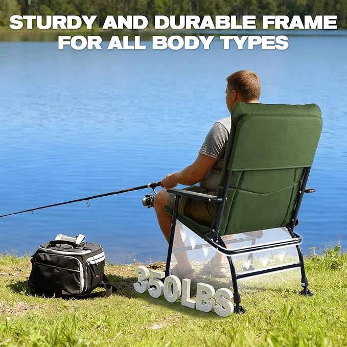 X Strike Oversized Folding Fishing Chair with Rod Holder Heavy Duty 350LBS, Feet Adjustable Padded Camping Chair with Cup Holder Side Pocket Hard Armrest