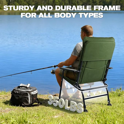X Strike Oversized Folding Fishing Chair with Rod Holder Heavy Duty 350LBS, Feet Adjustable Padded Camping Chair with Cup Holder Side Pocket Hard Armrest