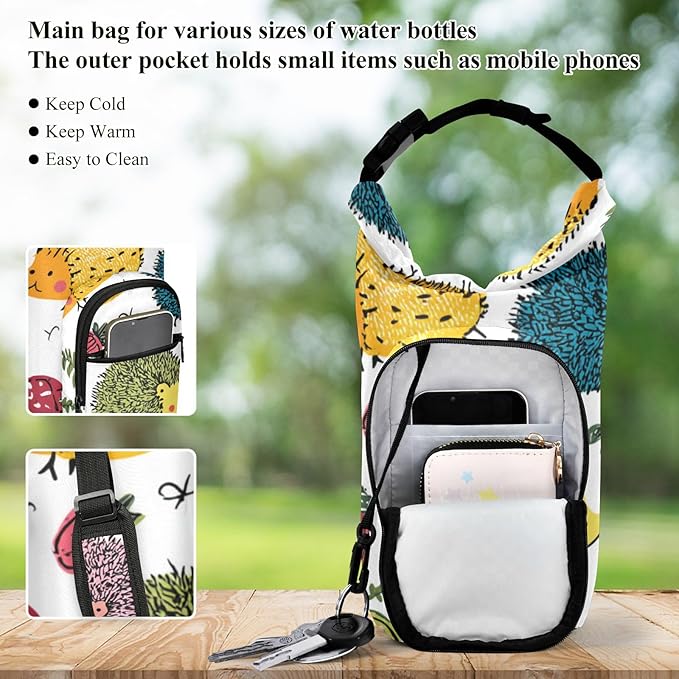 Colorful Doodle Hedgehogs Water Bottle Holder with Strap Insulated Water Bottle Carrier Crossbody Bags Pouch with Phone Pocket for Travel Gym Hiking Walking Running