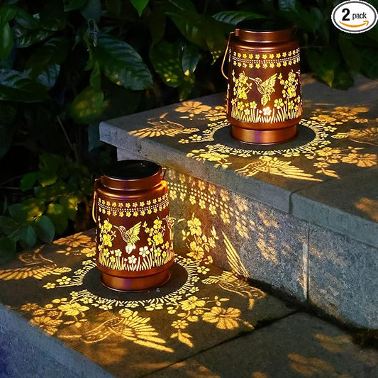 2Pack Hummingbird Solar Lanterns Outdoor Waterproof Hanging Solar Lights Gifts for Women Men Metal LED Lanterns Outside for Garden, Yard, Patio, Lawn, Porch